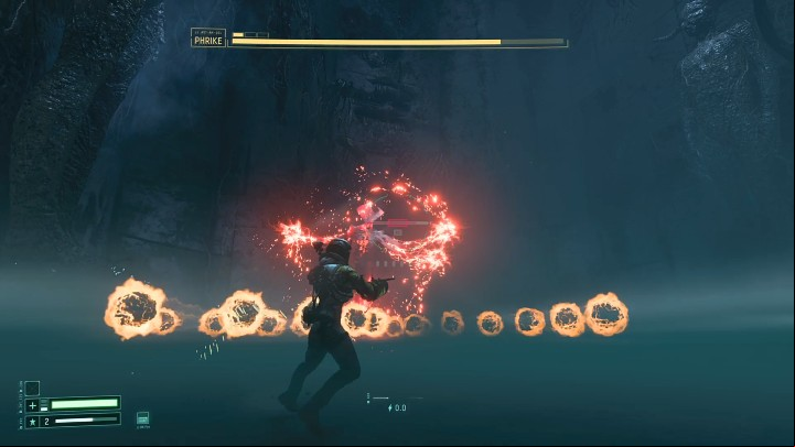 The boss can fire the orbs right by the ground, and then they will begin to move towards the side walls - Return: Phrike boss - how to beat? - Bosses - Returnal Guide