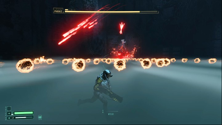 Phrike can now create a series of red missiles over his head and then send them in chosen direction - Return: Phrike boss - how to beat? - Bosses - Returnal Guide