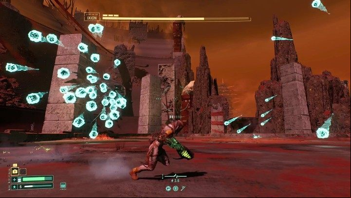 Ixion can fire a cloud of energy orbs towards Selene, which will fly close to each other at first, but then the distance between individual orbs will slowly begin to increase - Returnal: Ixion - boss, how to defeat? - Bosses - Returnal Guide