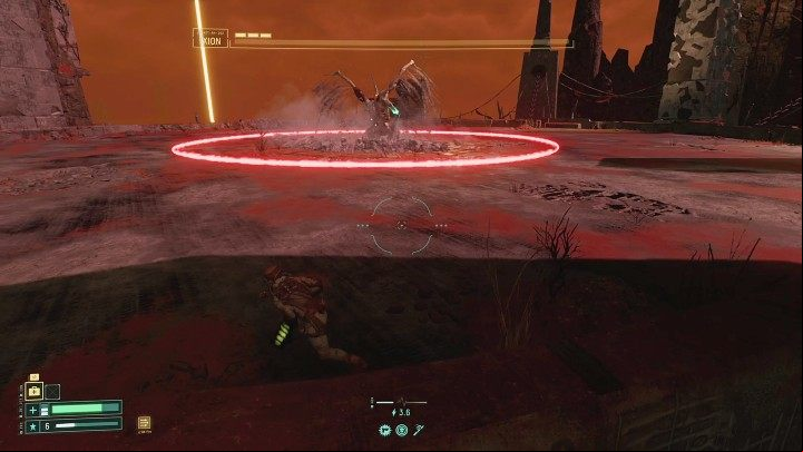 Before the second phase starts, Ixion will land in the middle of the arena and create a shock wave of red energy that will spread from the center to the end of the arena - just jump up at the right time to dodge it - Returnal: Ixion - boss, how to defeat? - Bosses - Returnal Guide