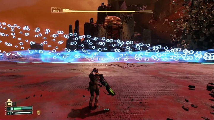 If you lose sight of Ixion, it is a sign that he will soon begin to quickly fly over the arena - each such flight produces a band of energy orbs in the middle of the battlefield,as well as two blue waves which will diverge to the sides - Returnal: Ixion - boss, how to defeat? - Bosses - Returnal Guide