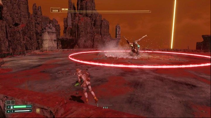 Before the third phase starts, Ixion will land in the middle of the arena and create a shock wave of red energy that will spread from the center to the end of the arena - just jump up at the right moment - Returnal: Ixion - boss, how to defeat? - Bosses - Returnal Guide