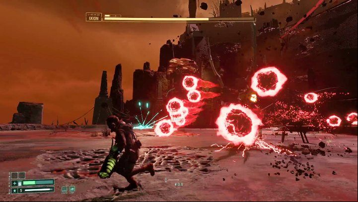 If Ixion begins to prepare for a jump, it is a sign that he's about to throw himself at Selene, and he will cause an additional explosion of red energy orbs in his landing spot - be prepared to perform a dash sideways and sprint to avoid being hit by the orbs - Returnal: Ixion - boss, how to defeat? - Bosses - Returnal Guide