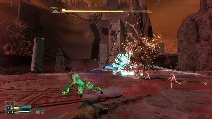 When Ixion swings his weapon, he can create a shock wave just above the ground or at the height of Selene's head - be prepared to perform a jump or a dash to avoid getting hurt - Returnal: Ixion - boss, how to defeat? - Bosses - Returnal Guide