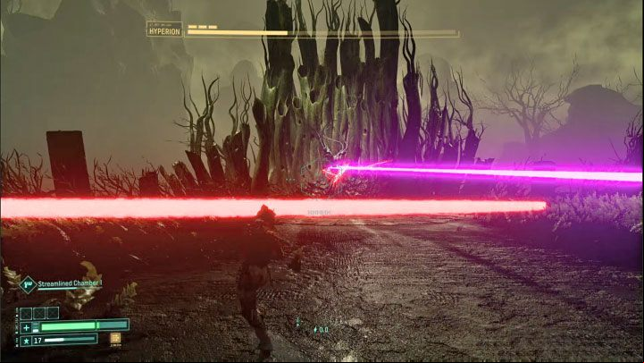 The boss will unleash a red shock wave from time to time - we can easily jump over it - Return: Hyperion - boss, how to defeat? - Bosses - Returnal Guide