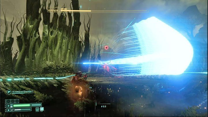 During the second phase of the battle, the boss will shoot blue projectiles at a higher rate - Return: Hyperion - boss, how to defeat? - Bosses - Returnal Guide