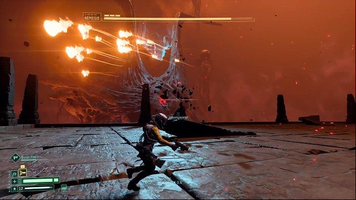 Nemesis can also convert energy into a series of small orange projectiles that move at high speed and can slightly change their flight direction near the end - Return: Nemesis - boss, how to defeat? - Bosses - Returnal Guide