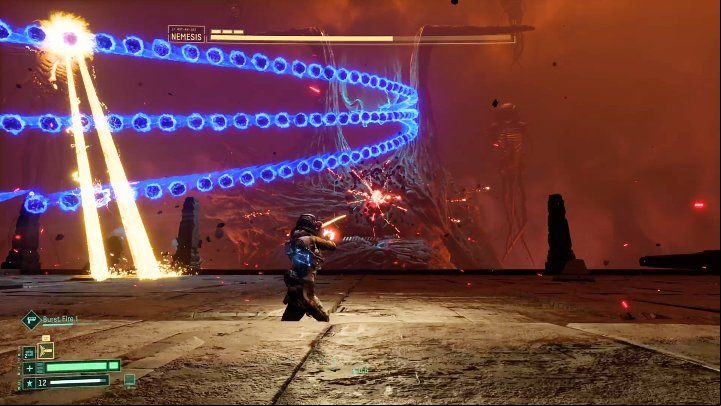 Nemesis's next skill is usually combined with a laser attack performed by one of the two levitating creatures - Return: Nemesis - boss, how to defeat? - Bosses - Returnal Guide