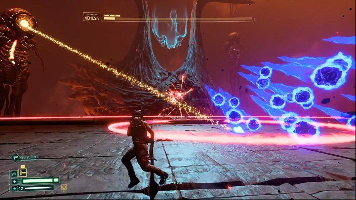 Nemesis's monster companions can also concentrate energy on the arena to trigger slow-moving waves of red energy - Return: Nemesis - boss, how to defeat? - Bosses - Returnal Guide