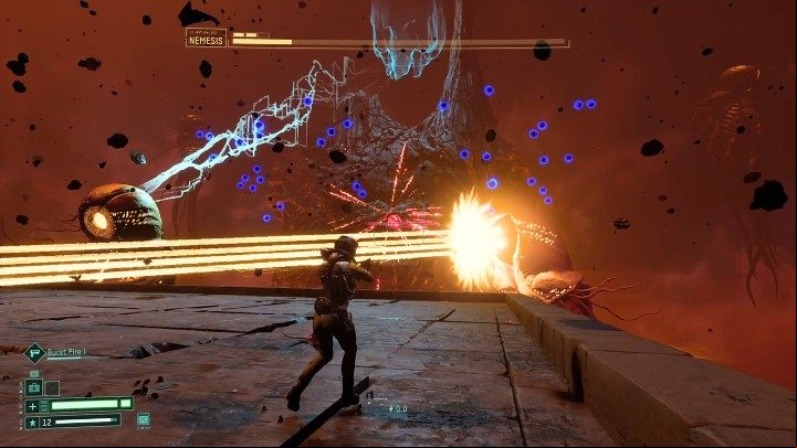 The horizontal laser beams fired by the strange creatures are now aimed slightly higher, and on top of that, the enemies will move them from side to side, so you will have to dodge them twice - Return: Nemesis - boss, how to defeat? - Bosses - Returnal Guide