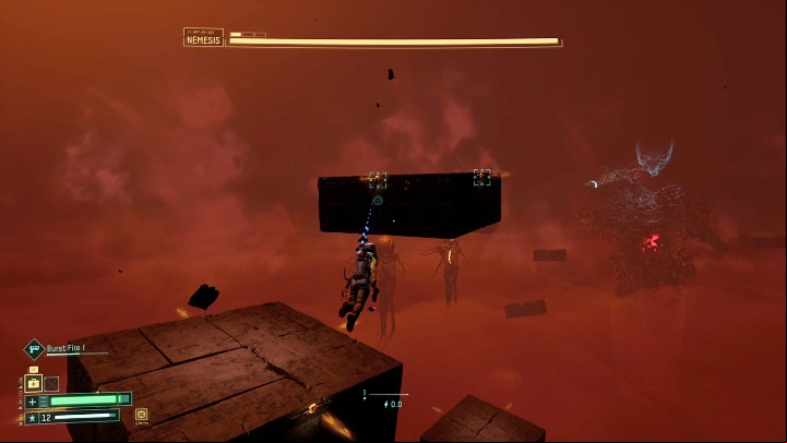 It should be noted here that the platforms constantly change their position and drop down after a certain time, so you cannot continuously stay in one place - Return: Nemesis - boss, how to defeat? - Bosses - Returnal Guide
