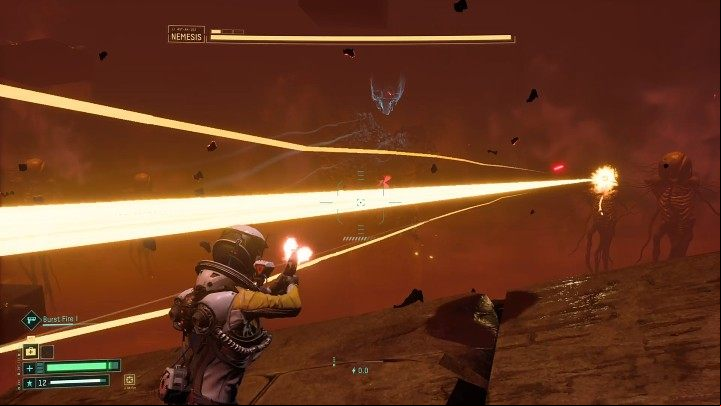 At random moments, the creatures levitating on either side of the boss will the fight and send yellow or red laser beams towards Selene - Return: Nemesis - boss, how to defeat? - Bosses - Returnal Guide