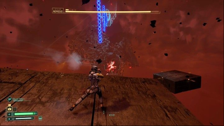 Nemesis can now fire vertical columns of blue energy orbs that they can also move to the sides - Return: Nemesis - boss, how to defeat? - Bosses - Returnal Guide