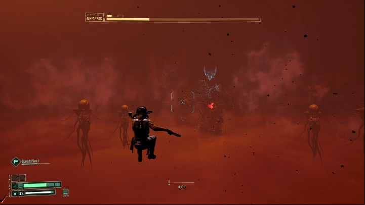 When the boss's health drops to about 1/3rd, Nemesis will push Selene away a considerable distance - Return: Nemesis - boss, how to defeat? - Bosses - Returnal Guide