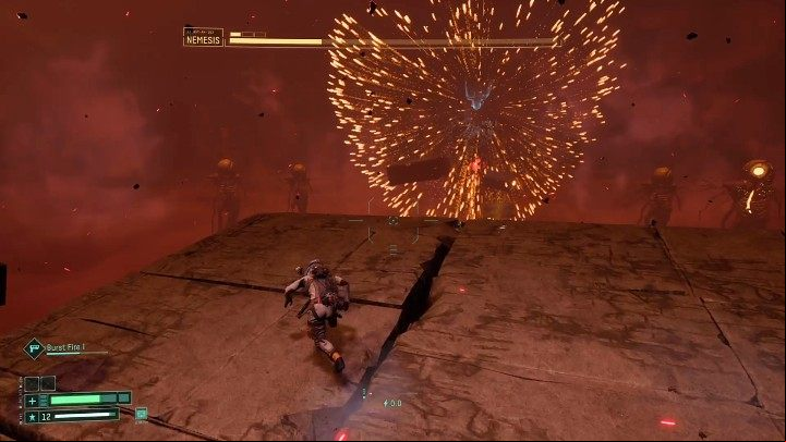 At this stage of the battle, Nemesis will start creating a cloud of small orange projectiles that fly at very high speed - Return: Nemesis - boss, how to defeat? - Bosses - Returnal Guide