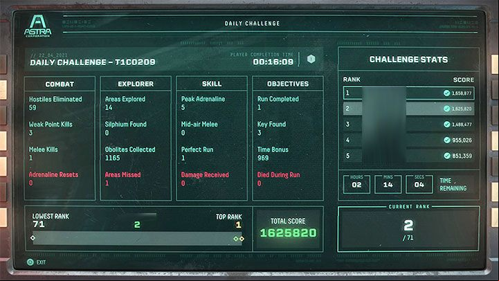 After completing the daily challenge, the game will summarize your actions – you will see your position on the leaderboard - Returnal: Challenge terminal - daily challenges - Basics - Returnal - game guide