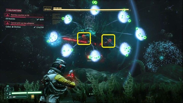 During the fight with Ophion, you should target the weak point marked in the above picture - Return: Ophion - boss, how to defeat? - Bosses - Returnal Guide
