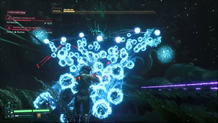 Ophion can also create a cloud of blue energy orbs that fly at high speed and hit the ground with momentum - Return: Ophion - boss, how to defeat? - Bosses - Returnal Guide