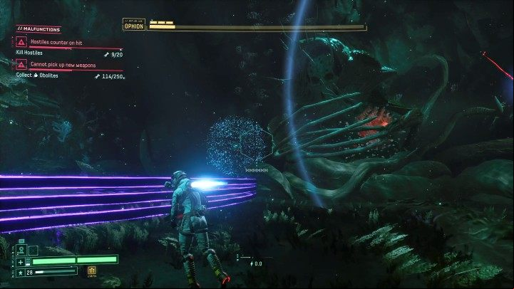 The monster's tentacles will hit the arena ground from time to time, creating waves of purple-black energy that will spread in all directions - Return: Ophion - boss, how to defeat? - Bosses - Returnal Guide