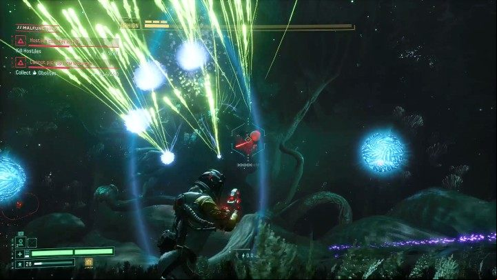 Ophion can also convert energy into a series of small aquamarine projectiles that move at high speed and can slightly change their flight direction near the end - Return: Ophion - boss, how to defeat? - Bosses - Returnal Guide