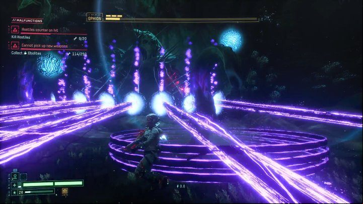 Another skill to watch out for during this clash is the purple rays that cross the arena vertically - just jump between them and wait for them to disappear - Return: Ophion - boss, how to defeat? - Bosses - Returnal Guide