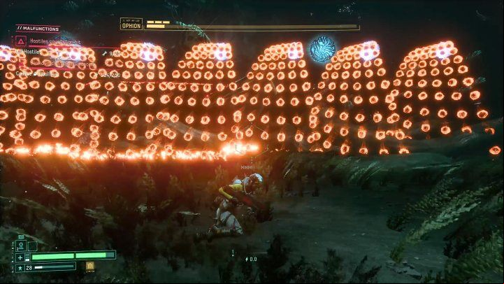 At the end of the first phase of the duel, Ophion can summon portals from which many orange energy orbs will come out - Return: Ophion - boss, how to defeat? - Bosses - Returnal Guide