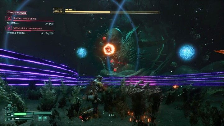 In this phase of the duel, Ophion can not only perform attacks using his long arms ending in sharp claws but also hit the ground, creating two waves of violet-black energy - Return: Ophion - boss, how to defeat? - Bosses - Returnal Guide