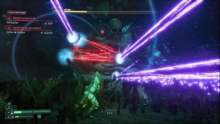 Ophion can also create portals in various places, through which it will release violet rays that will cut through the air diagonally, which makes it much more difficult to avoid - Return: Ophion - boss, how to defeat? - Bosses - Returnal Guide