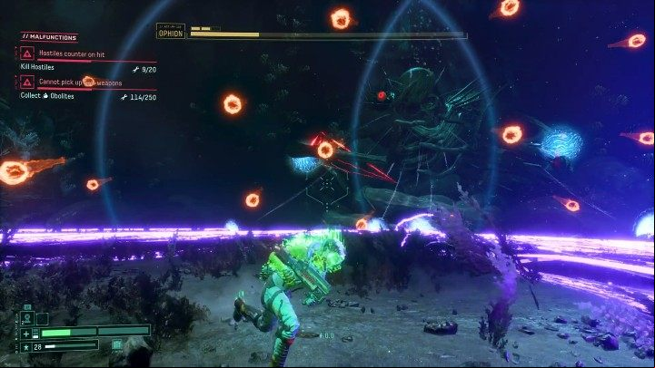 Purple rays can also appear just above the arena and will move in all directions - Return: Ophion - boss, how to defeat? - Bosses - Returnal Guide