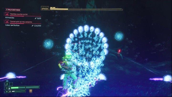 When Ophion creates many small portals, it is a sign that IT is about to launch a wave of fast-flying orbs towards Selene, which are partially homing - Return: Ophion - boss, how to defeat? - Bosses - Returnal Guide