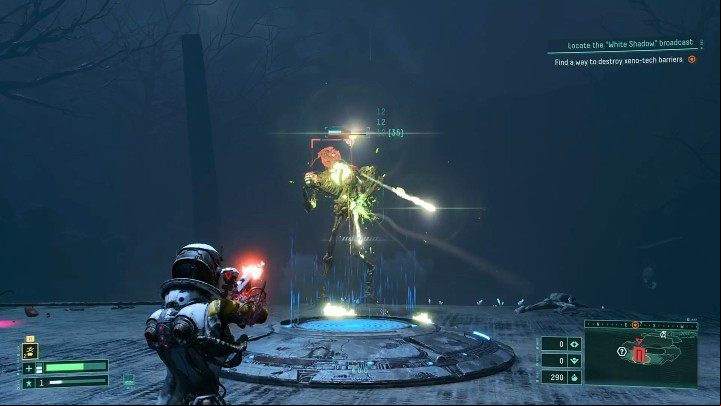 The other dangerous enemy inhabiting the Overgrown Ruins is Mycomorph, which can attack both at close range and from a distance (projectiles causing damage, slowing-down spores) - Returnal: Overgrown Ruins - biom - Biomes - Returnal Guide