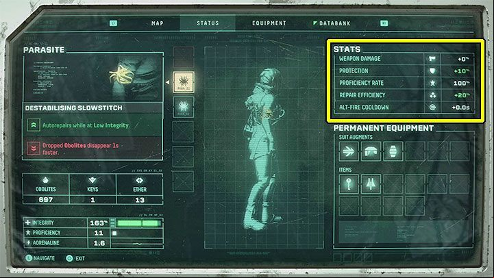 The current main statistics of Selene can be checked in the Status window in the pause menu - Returnal: Character development and stats - Basics - Returnal Guide