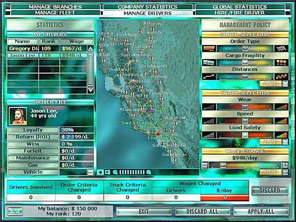 On this screen you can istrate the work of your hired drivers. - Hints - managing your firm - RignRoll - Game Guide and Walkthrough