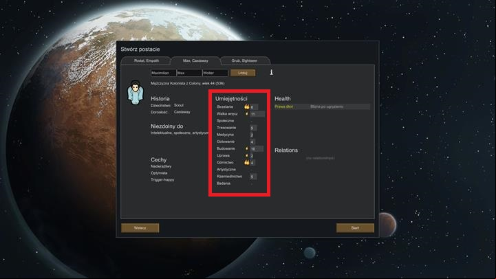 While picking colonists, the most important are their skills - number of flames by a given skill determines predispositions of a given character, how fast they work and how fast they will gain specialization points - Colonists creation - Key information - RimWorld Game Guide