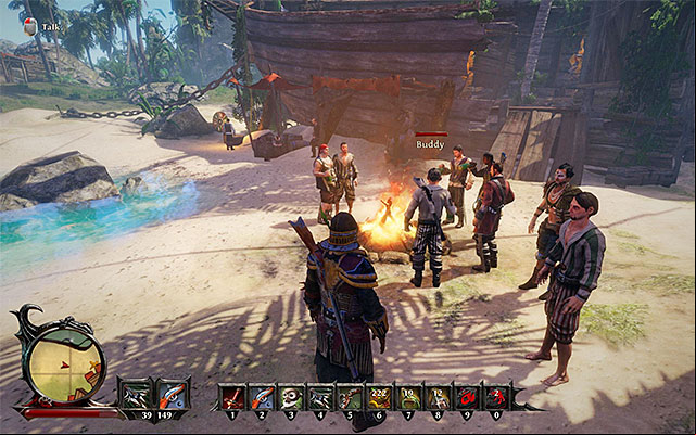 the pirates standing near the campfire. - Boozes Befuddled Mind - Side Quests - Kila - Risen 3: Titan Lords - Game Guide and Walkthrough