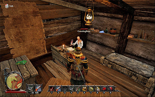 Cunningham is inside his cabin. - Psittacus Callidus - Side Quests - Kila - Risen 3: Titan Lords - Game Guide and Walkthrough
