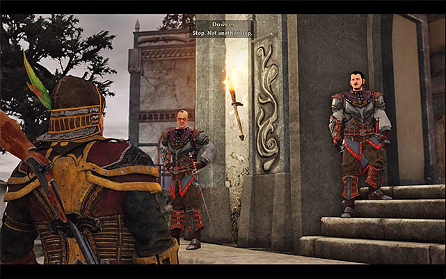 Downes wont let the main character inside of the Mages Camp just yet. - Visiting Rights - Main Quests - Taranis - Risen 3: Titan Lords - Game Guide and Walkthrough