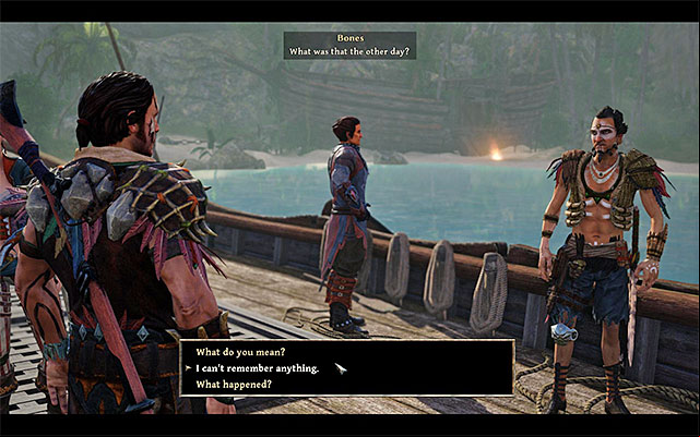 Cunningham, Bones, and Tenya are explaining the situation to the hero - Become a Voodoo Master - Side Quests - Kila - Risen 3: Titan Lords - Game Guide and Walkthrough