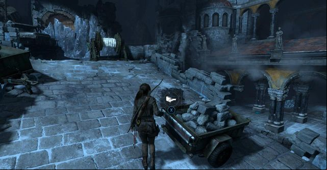 In the middle of the bridge, there is a trailer with stones - Rise of the Tomb Raider: Break through the door, walkthrough - Shortcut - Rise of the Tomb Raider Guide