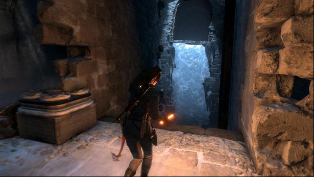 After you defeat all of the opponents, on the left you find the chamber exit, over the ice wall - Rise of the Tomb Raider: Break through the door, walkthrough - Shortcut - Rise of the Tomb Raider Guide