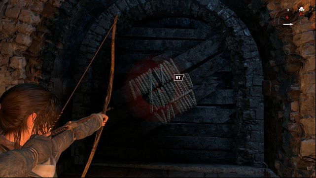 After you climb onto the ice wall, rip out the blockade by pulling on the rope attached to the rope-wound part, with the arrow - Rise of the Tomb Raider: Break through the door, walkthrough - Shortcut - Rise of the Tomb Raider Guide