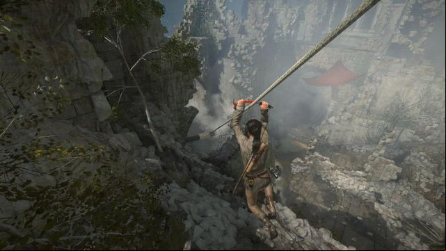 As soon as you resurface, walk around the ruins and zip down the line into the valley - Rise of the Tomb Raider: Enter the valley, walkthrough - Warming Up - Rise of the Tomb Raider Guide