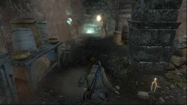 After you take several turns, you run into a patrol of two soldiers - Rise of the Tomb Raider: Infiltrate the ruins and find Sofia, walkthrough - To the Tower - Rise of the Tomb Raider Guide