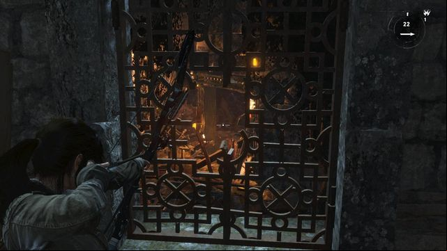 After you collect the projectiles, get back through the window with grate and aim at the blockade in front of the door - Rise of the Tomb Raider: Destroy the blockade to free the Remnants, walkthrough - To the Tower - Rise of the Tomb Raider Guide