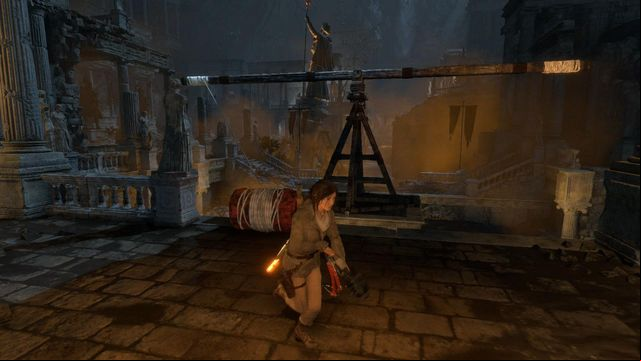 Lara will tie up the balance beam with the barrel - Rise of the Tomb Raider: Find a way to escape with the Atlas, walkthrough - Rising Tide - Rise of the Tomb Raider Guide