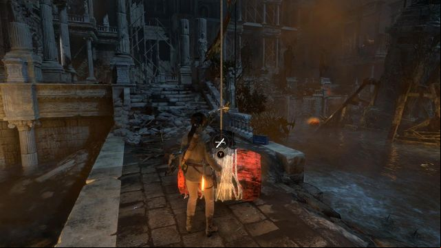 walk over to the other side of the pool and cut the rope that the barrel is suspended on - Rise of the Tomb Raider: Find a way to escape with the Atlas, walkthrough - Rising Tide - Rise of the Tomb Raider Guide