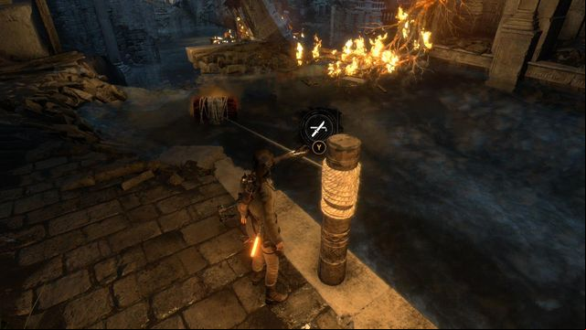 The barrel will get pulled to the left and does not explode in fire - Rise of the Tomb Raider: Find a way to escape with the Atlas, walkthrough - Rising Tide - Rise of the Tomb Raider Guide