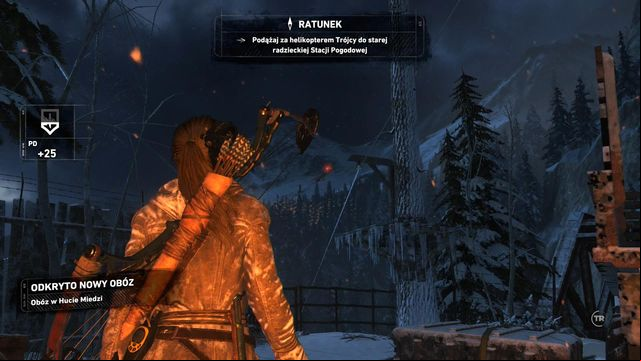 Open the crate several meters away from you, where you find broadhead arrows, over which you can climb, after you drive them into marked wooden surfaces - Rise of the Tomb Raider: Follow the Trinity helicopter to the base, walkthrough - The Rescue - Rise of the Tomb Raider Guide