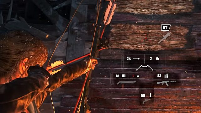 Lara uses broadhead arrows automatically, after you aim at wooden surfaces - Rise of the Tomb Raider: Follow the Trinity helicopter to the base, walkthrough - The Rescue - Rise of the Tomb Raider Guide