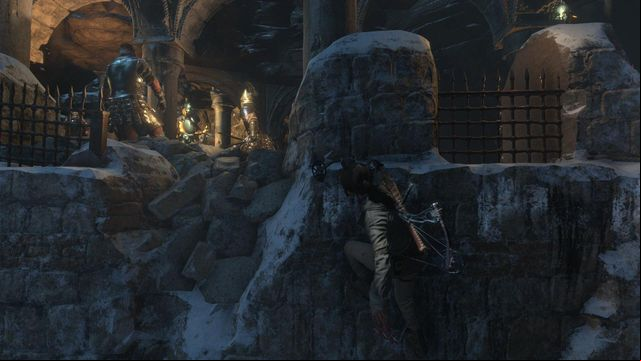 Move along the upper edge of the wall and keep an eye on the Deathless preparations for battle - Rise of the Tomb Raider: Find a way into the heart of Kitezh, walkthrough - Through the Glacier - Rise of the Tomb Raider Guide